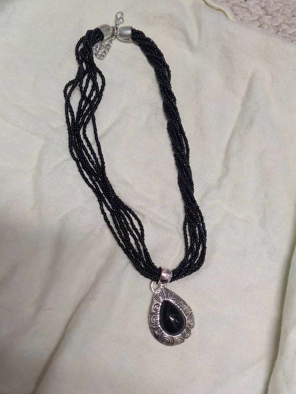 Vintage Multi-Strand Black Beaded Necklace with Teardrop Pendant